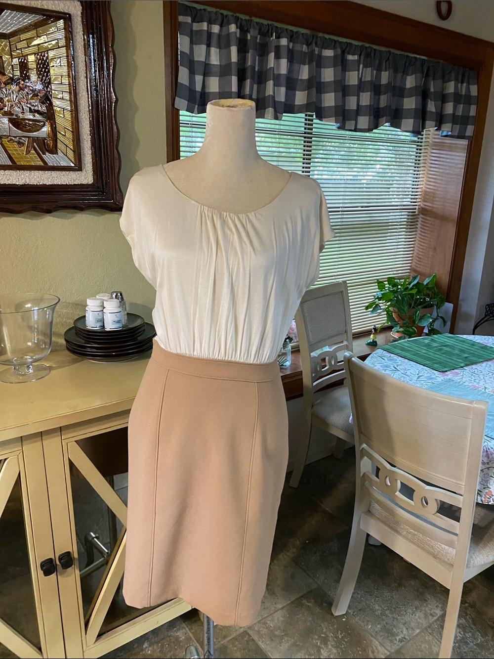 LOFT Cream Blouse with Tan Dress.
